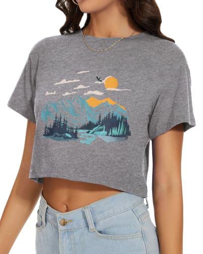 Image of Womens Crop Tops Summer Short Sleeve Round Neck T-Shirts Loose Fit Blouse | Chicgal Soft Elastic Fabric, Short Crop Design, Multiple Colors, Different Sizes XS-XL, Work Daily School Teacher Pants Skirt