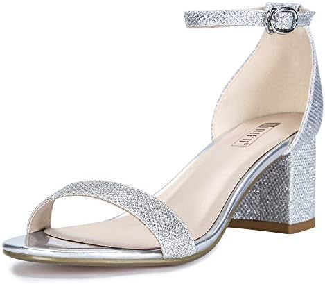 IDIFU Women's Cookie-LO Low Block Heels Chunky Sandals Ankle Strap Wedding Dress Pump Shoes(Silver Glitter, 8)