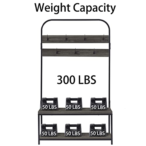 Ibf Coat Rack With Shoe Bench, 3-In-1 Hall Tree With Storage Bench For Entryway, Industrial Metal And Wood Coat Tree With Shelf And Hanging Hook, Dark Gray Oak, 40.0" W X 16.5" D X 70.0" H #TOP6