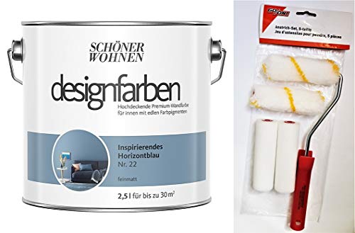 Schöner Wohnen designfarben feinmatte Wandfarbe für innen 2,5 Liter mit go/on Rollen-Set 5-tlg (Nr 22 Inspirierendes Horizontblau)