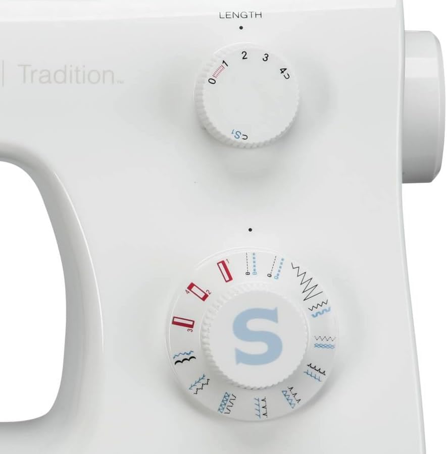 Close-up of the SINGER Tradition 2259 sewing machine's stitch selection dial, showing various stitch patterns and the 'S' logo.