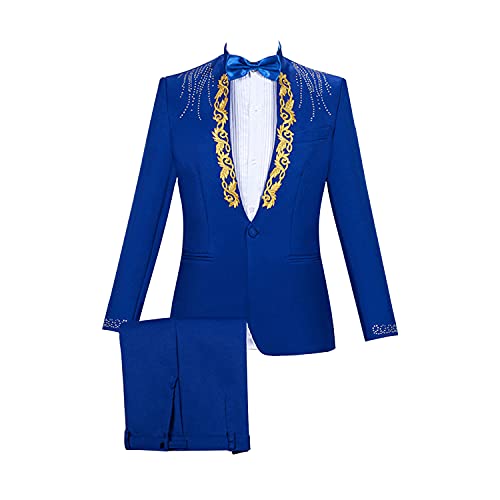 Men's Elegant Jacquard 2 Piece Suit Slim Fit Sequins Shawl Lapel Tuxedo One Button Formal Tux Sets Wedding Stage Performance (Blue 1,Small) #TOP9