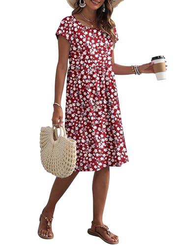 AUSELILY Women's Summer Short Sleeve Knee-Length Dresses Round Neck Loose Dress with Pockets Floral Red XL - 5