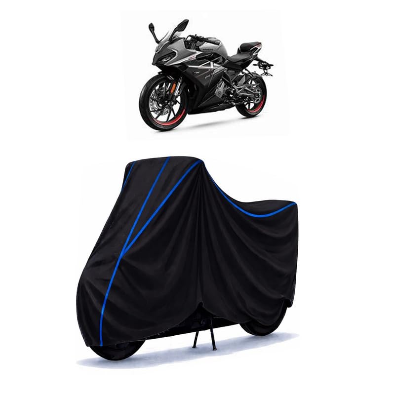 Image of CFMoto 250 SR Bike Cover Water Resistant Universal Motorcycle Rain | Heavy Duty UV Protection, Dust, Scratch Indoor Outdoor All Weather with Black Blue Piping Elastic