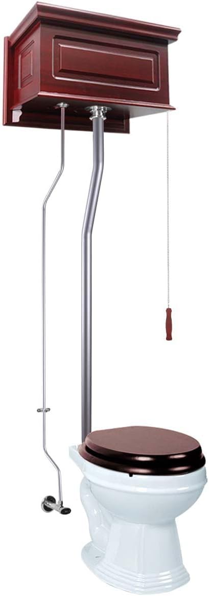 Cherry Wood Finish High Tank Pull Chain Toilet Wooden Raised Tank Round Rear Entry White Porcelain Bowl And Satin L Pipes Adjustable Height 70"- 74" With Hardware Renovators Supply Manufacturing