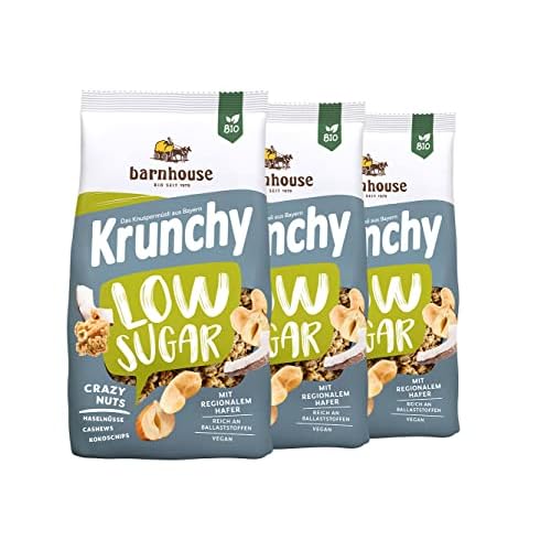 Barnhouse Krunchy Low Sugar Crazy Nuts, zuckerarmes Bio Hafer-Knuspermüsli aus Bayern, mit Cashews, Haselnüssen und Kokoschips, 3 x 375g