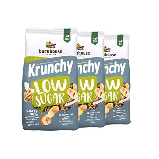 Barnhouse Krunchy Low Sugar Crazy Nuts, zuckerarmes Bio Hafer-Knuspermüsli aus Bayern, mit Cashews, Haselnüssen und Kokoschips, 3 x 375g