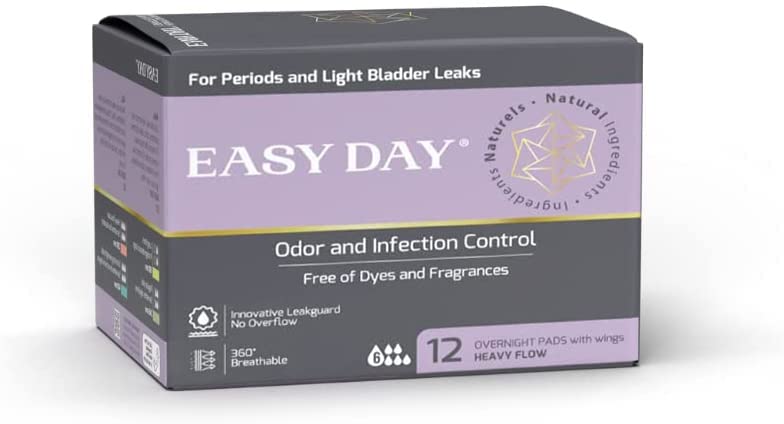 EASYDAY Overnight Heavy Flow(2-in-1 Period & Light Bladder Leakage Feminine Pads) Wings, Sensitive Skins, Unscented, Breathable, Ultra Thin Innovative Leak Guard, Individually Wrapped (12)
