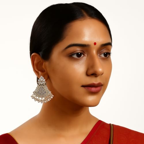 Image of Premium Oxidized Gold Chunky Jhumki Earrings for Women - Heavy Statement Jhumka with Long Chain & Ghungroo Drops | Anti-Tarnish Hypoallergenic Mirror Finish | Bridal, Navratri, Garba, Diwali