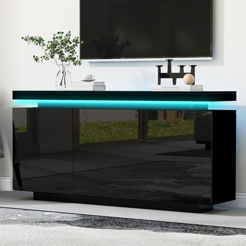 Merax Sideboard mit LED-Leuchte, Hochglanz Kommode Anrichte Schrank mit 2 Türen & 3 Schubladen, Beistellschrank Mehrzweckschrank Standschrank Highboard, griffloses Design, verstellbare Regale, Schwarz
