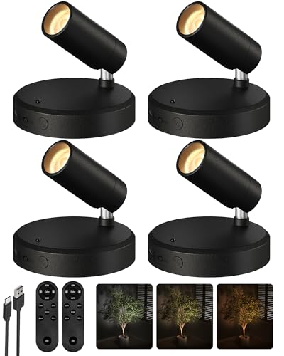 EZVALO Spotlights Indoor with Remote,5500mAh Rechargeable Picture Lights, Wireless LED Uplighting with Timer&Dimmable, 3CCT,Mini Plant Spot Lights for Painting,Artwork,Accent Lighting(4Pack-Black)