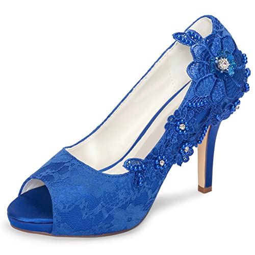 Emily Bridal Brautschuhe Spitze Hochzeitsschuhe Spitze Peep Toe High Heel Brautschuhe (EU37, Blau)