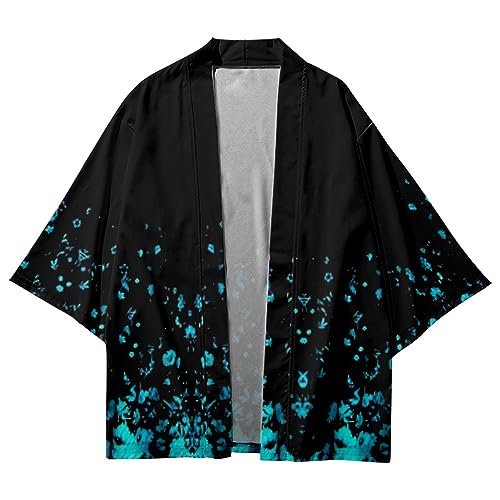 Men Kimono Jacket Japanese Floral Printed Yukata Open Front Coat Bathrobe Loose Cardigan