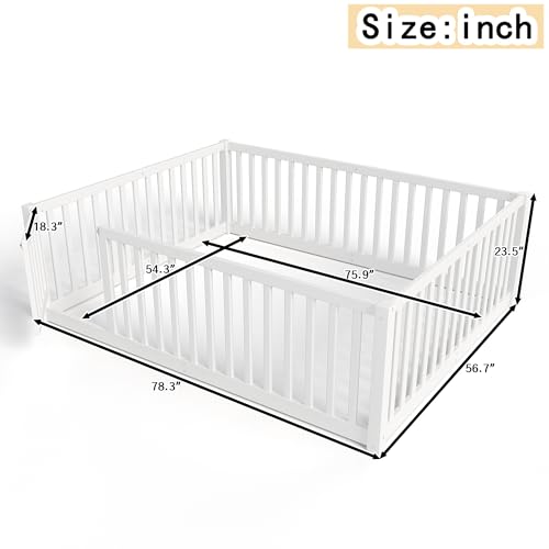 Image of Bellemave Full Size Kids Montessori Floor Bed with Door,Solid Wood Floor Bed Frame with High Fence for Girls,Boys,White