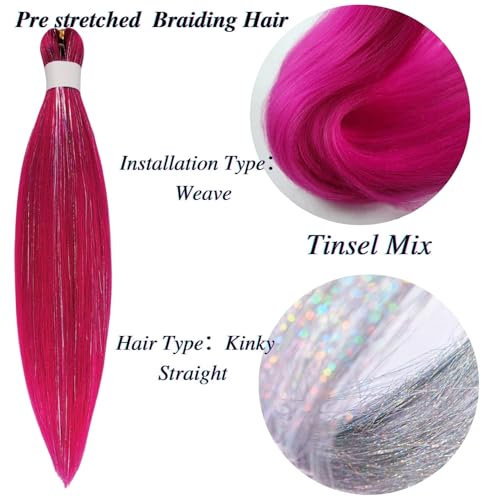 Tinsel Kids Braiding Hair Pre stretched Magenta Pink Braiding Hair for Glitter Braids Festival Braids Halloween Cosplay - Image 4