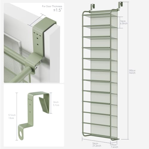 Image of Whitmor 36 Pair Over the Door Shoe Rack,12 Tier Hanging Shoe Organizer with Metal Frame & Mesh shelves, Heavy Duty Shoe Storage Holder for Door,No Drill Installation, 74 inch H x 21.7 inch W x 7.5 inch D, Green
