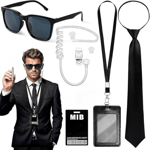WANGHONGGOGO Traje secreto de cuatro piezas, traje de agente y accesorios, conjunto de traje de agente negro para hombre, unisex, adecuado para fiestas de juegos de rol de carnaval