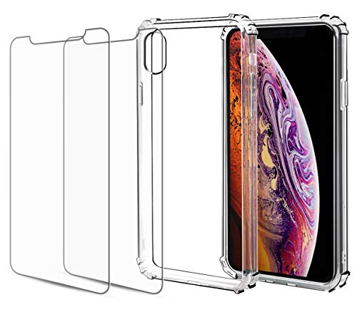 Huffii Clear Case for Apple iPhone Xs Max Case and [ 2PK ] Tempered Glass Screen Protectors, Shockproof Protective Cover (Clear, XS Max)