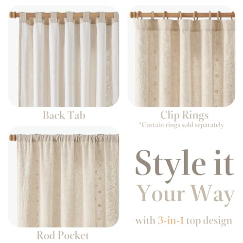 Image of jinchan Beige Floral Linen Curtains for Living Room 84 inch Back Tab 2 Panels