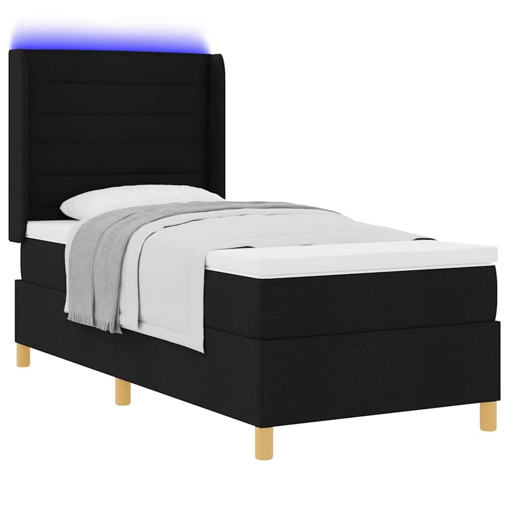 Cama con somier negro de 90 x 200 cm de tela con tiras de luz LED y cabecero ajustable, somier de lamas, colchón de resistencia media, marco de madera, cama moderna para dormitorio individual