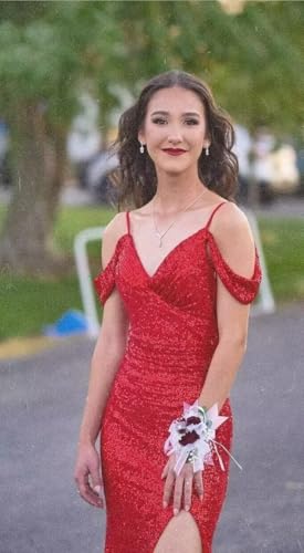 Sequins Off The Shoulder Prom Dress 2025 Mermaid Slit Ball Gown for Teens V Neck Formal Evening Dresses S-P0664