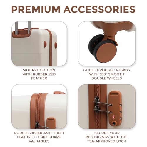 Image of Mode Maestro | Hard-Sided Polycarbonate Trolley Suitcase | 360 8-Wheel Easy Drag| Brown Color Accessories| Light-Weight | TSA Lock |3-Yr Warranty | Check-in Luggage Bag 24in (65cm (M), White)