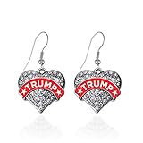 Inspired Silver - Trump Supporter Charm Earrings for Women - Silver Pave Heart Charm French Hook Drop Earrings with Cubic Zirconia Jewelry