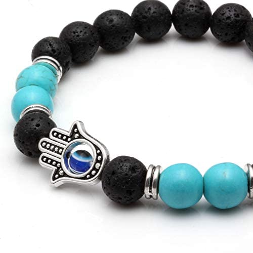Milakoo 5 Pcs Jewelry Hamsa Hand Beaded Stretch Bracelet Evil Eye- Natural 8Mm Lava Stone Protection #TOP7