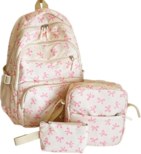 Pink Bow Backpack Set – 3Pcs Kawaii Coquette Nylon Rucksack with Lunch Bag & Pouch, Cute Preppy Backpack (rosered)