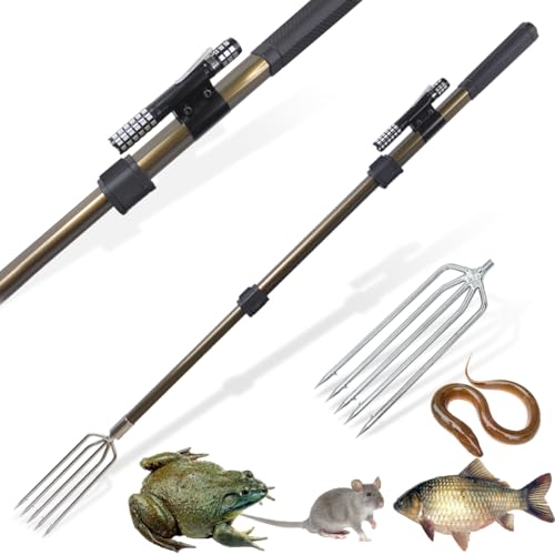 Dutiplus Fishing Harpoon Spear Gaff Gig Fork Hook for Frog Toad Cane Bullfrogs Bufo Flounder Fish Mole Remove Trap Catching Tool (Telescopic Toad Catching Fork - 5 Tooth, Champagne, 41 inches)
