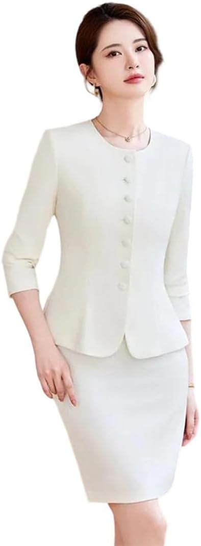 Women's 2 Piece Set O-Neck Long Sleeve Blazer with Skirt Elegant Office Lady Outfit Suits