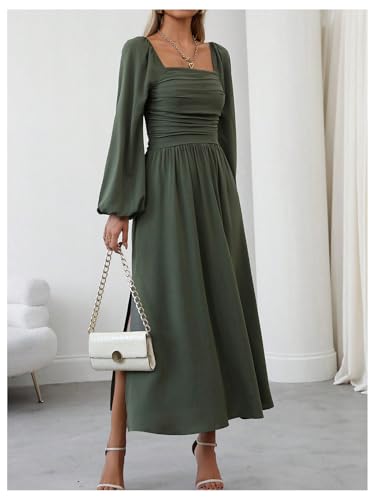 Floerns Women's Square Neck Lantern Long Sleeve Dress Split Ruched Party Midi Dresses4