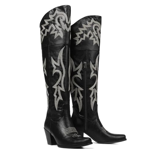 Eteridrey Thigh High Cowboy Boots for Women Pointed Toe Chunky Heels Over The Knee Boots Classic Embroidered Western Boot for Fall