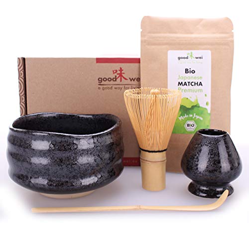 Goodwei Ensemble de Cérémonie Thé Matcha: Bol Céramique, Fouet à Matcha, Cuillère et 30g de Thé Vert Matcha Biologique (Tetsu)