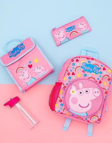 Peppa Pig Kinder 4-teiliges Rucksack-Set | Mädchen Jungen Animiert George Pig Hearts Rosa Rucksack Lunchtasche Federmäppchen Wasserflasche | Back to School Bag Geschenke