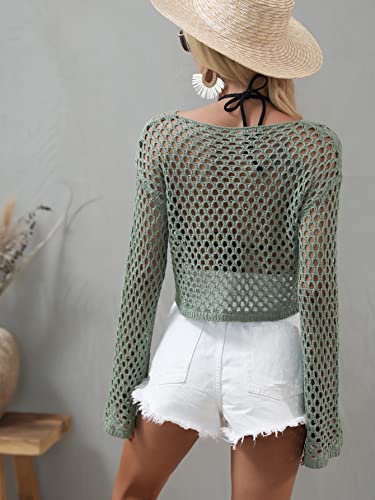 Image of Women Crochet Hollow Out Sweater See Through Fishnet Knit Pullover Cropped Tops