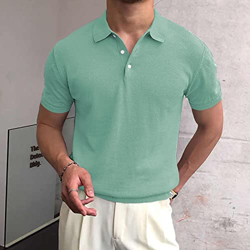 Mens Knitted Golf Polo Shirts Short Sleeve Casual Button Soft Stretch Classic Fit Solid T-Shirts Mint #TOP2