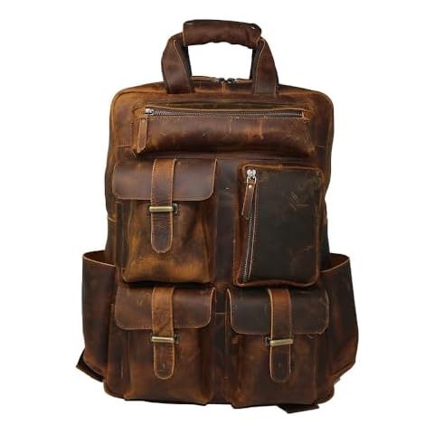 Jaald Leather Laptop Backpack Rucksack Multipocket Full Grain Leather Gaming Laptop Bag School Daypack For Men Anti-Theft Pocket Brown Cover