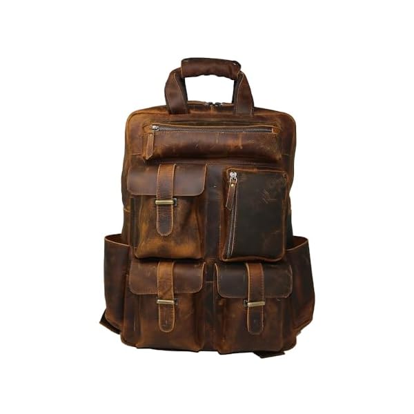 Jaald Leather Laptop Backpack Rucksack Multipocket Full Grain Leather Gaming Laptop Bag School Daypack For Men Anti-Theft Pocket Brown