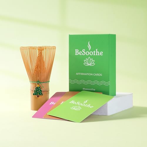 BeSoothe Bamboo Matcha Whisk with Evergreen Pine Charm & Affirmation Cards – Signature Ritual Edition Japanese Chasen for Ceremonial Matcha