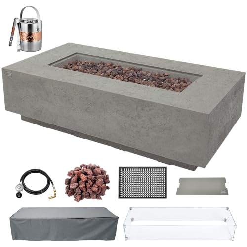 Image of AMS Creations | Madison 60 inch Bundle Rectangular Natural Gas Outdoor Fire Pit Table | Light Gray Concrete GFRC | Limestone Texture or Surface | Electronic Ignition | Outside Backyard Fireplace