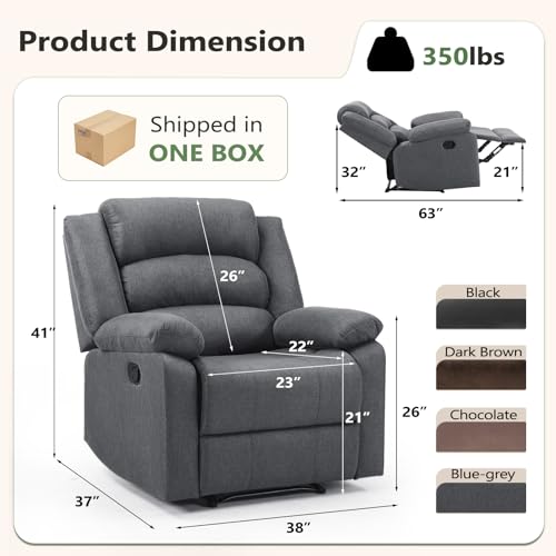 Image of ANJ Fabric Recliner Chair with Overstuffed Arm and Back, Comfy Grey Manual Recliners for Adults, Living Room Single Sofa Recliners