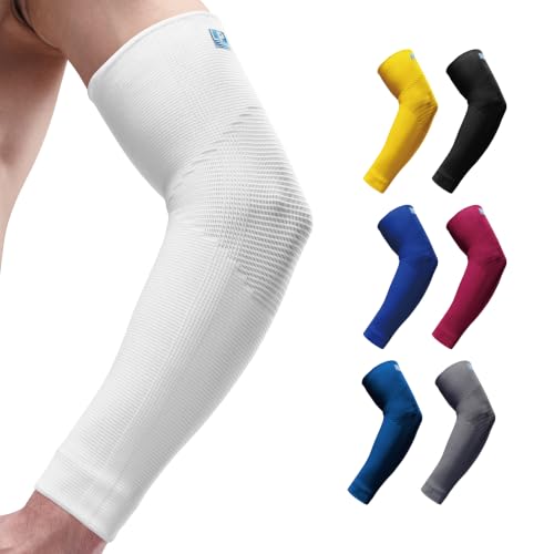 LP SUPPORT 668 Compression Arm Sleeve for Pickball Workouts Sports Weightlifting Golf and Tennis Elbow Pain relief for Men & Women (White XL 1pcs)