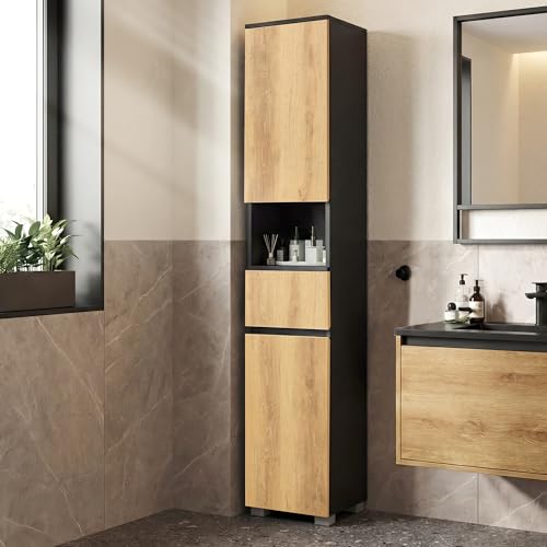 VASAGLE Tall Bathroom Cabinet Slim Storage Cabinet Narrow Cupboard Bathroom Storage Unit with a Drawer Adjustable Shelves 30 x 30 x 170.2 cm Ink Black and Natural Brown BBK560BC01