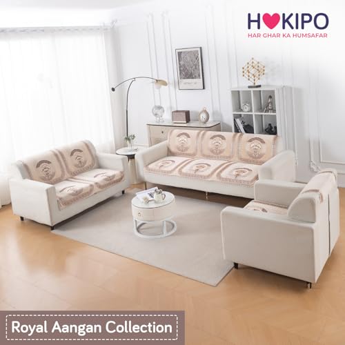 Image of HOKIPO Noor Beige Premium Chenille Jacquard Sofa Cover 6 Seater Set - Washable 3+2+1 Sofa Panel for Seat & Back | 'Royal Aangan Series' (IN-1008 * 2 + IN-1007 * 2 + IN-1006 * 2-L4)