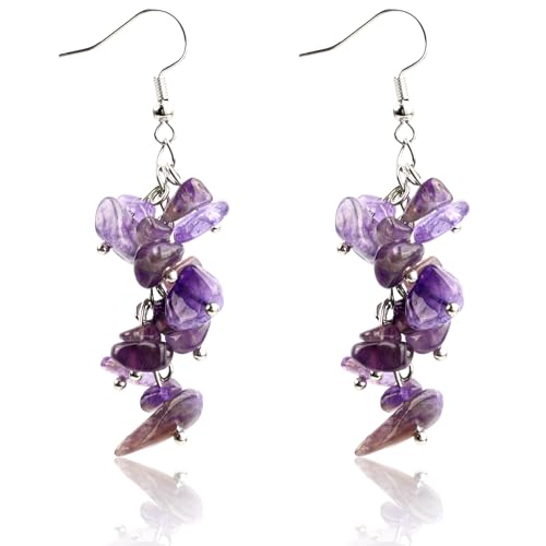 Image of Mayoii Amethyst Drop Earrings, Hypoallergenic Purple Dangle Earrings, Birthstone Earrings for Women, Healing Crystal Threader Earrings for Teen Girls Lady Birthday Party Valentine's Day Gift(1 Pair)