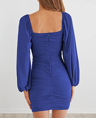 Image of MEROKEETY Women Square Neck Lantern Long Sleeve Mesh Ruched Bodycon Clubwear Mini Dress