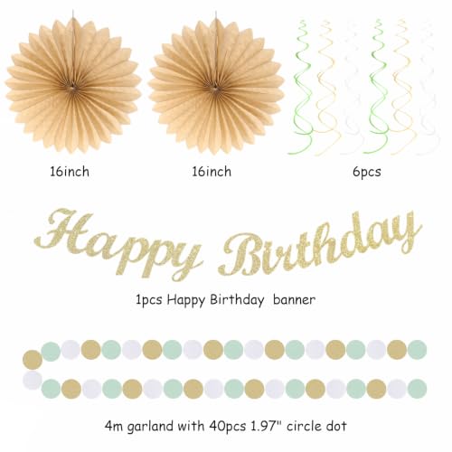 Image of Champagne-Gold White Sage-Green Women Birthday Decorations Huglony | 21pcs Boho Party Happy Banner,Streamers,Paper Lanterns,Pom Poms Fans 13th 18th 21st 30th 40th 50th 60th Birthday Backdrop