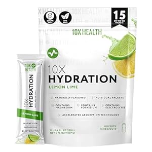 10X Health Electrolyte Drink Mix – Hydration Packets – Sodium, Magnesium, Potassium Citrate & Electrolytes Packets – Naturally Flavored, Dye-Free & Sugar-Free Hydration Packs – 15 Sticks, Lemon Lime