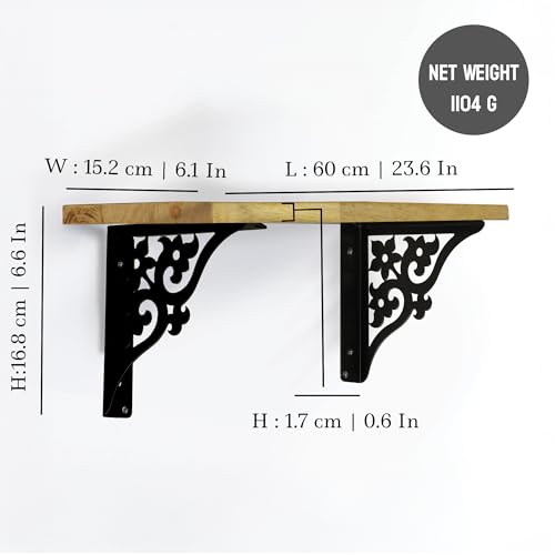 Image of Wall Shelf with Wooden Top Black|White Iron Brackets Storage Rack|Industrial Wall-Mounted Floating Shelf for Living Room,Kitchen,Bathroom (Black Triple Floral Large)